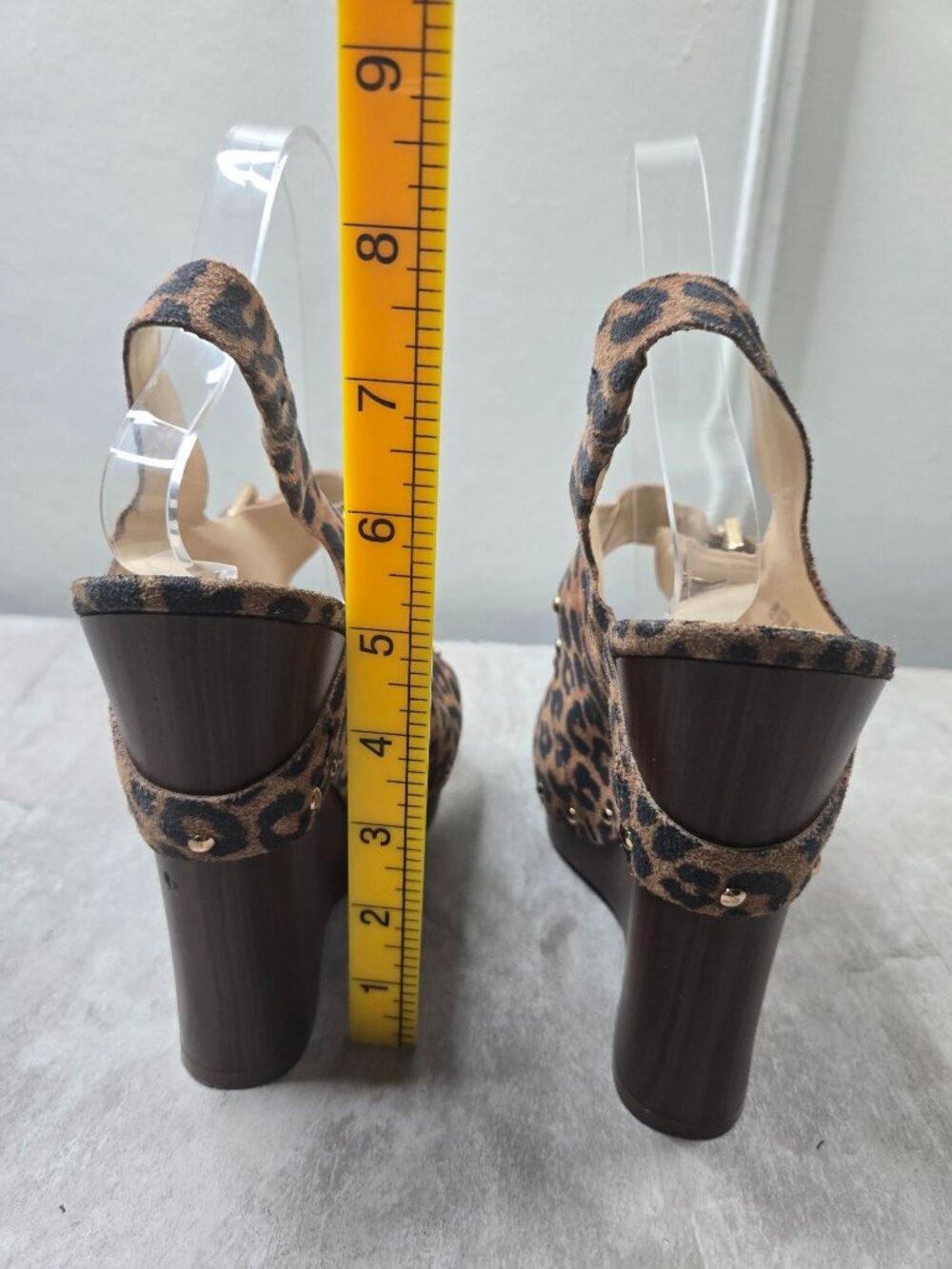Platform Wedge Sandals 8.5 Leopard Print Peep Toe Studded Buckle Y2k Retro Glam - Picture 4 of 12